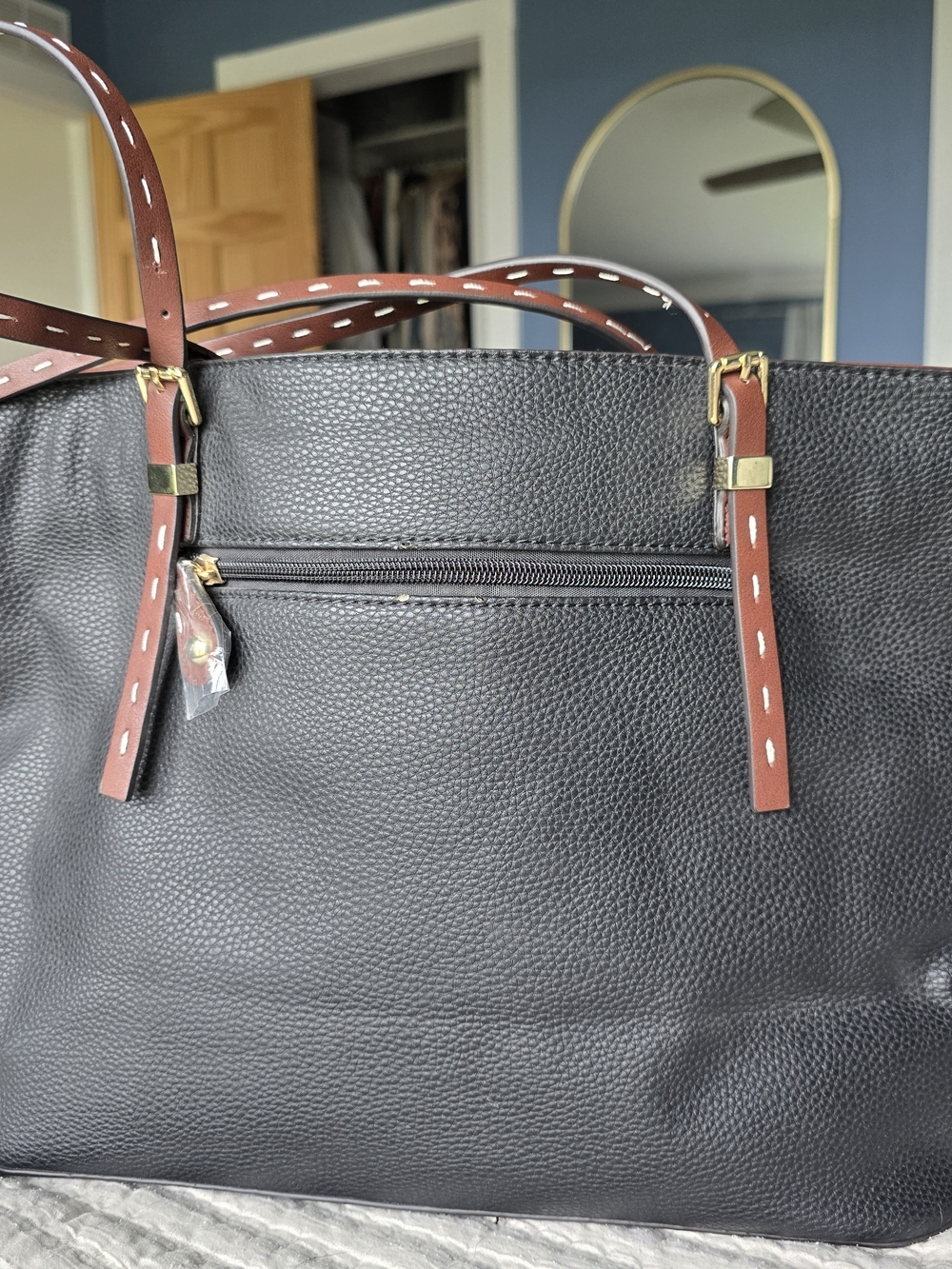 Black Pebbled Tote Bag with Brown Contrast Straps